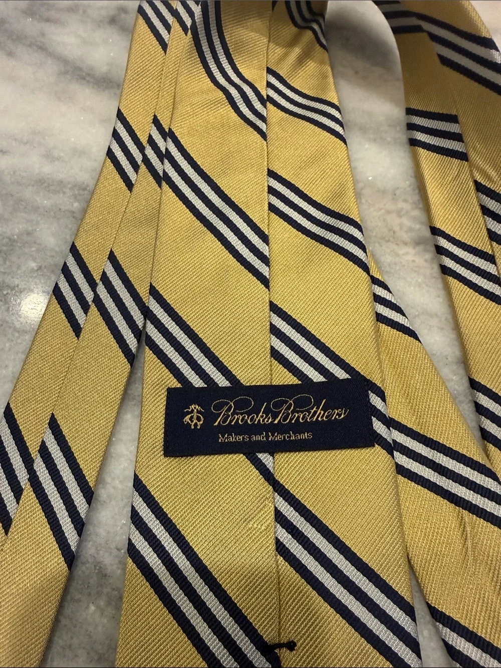 Brooks Brothers Yellow Silk Tie with Navy and White Diagonal Stripes